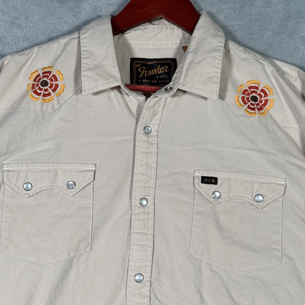 Howler Bros Shirt Mens XL Beige Gaucho Crosscut Deluxe Western Pearl Snap Casual